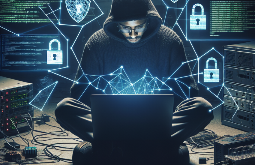 "Graphic illustration of a hacker using malware to compromise security systems, showcasing vulnerabilities in digital defenses."